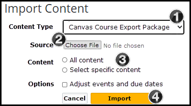 screenshot of options for importing content