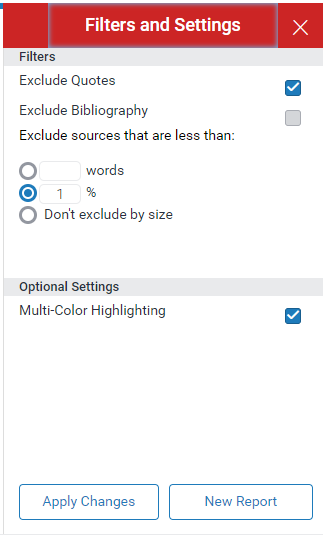 Turnitin Filter and Settings Options
