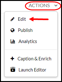 screenshot of the Action Menu in Kaltura