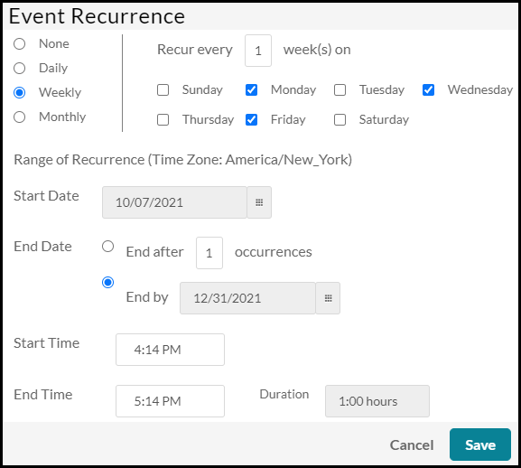 image of Kaltura Capture scheduler event recurrence