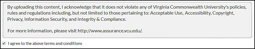 screenshot of the Kaltura Acknowledgement Agreement and Disclaimer