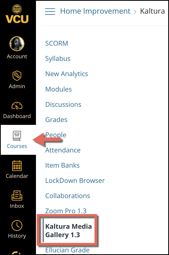 image of the courses option in the My Media menu