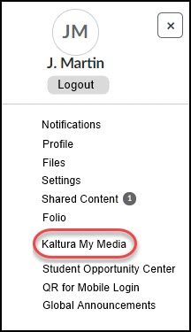 Screenshot of the Kaltura My Media option in the menu