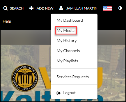 image of the Kaltura menu for accessing MyMedia