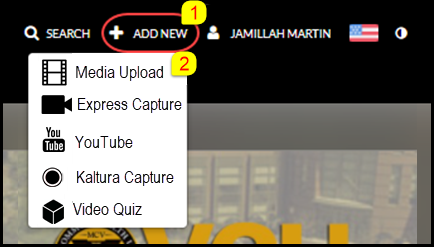 Screen shot of Kaltura upload menu options