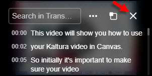 image showing how to close the video transcript overlay