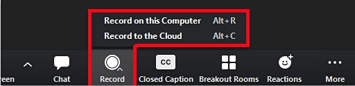 image of the Zoom recording menu
