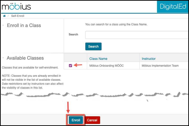 Mobius Select Class to Enroll