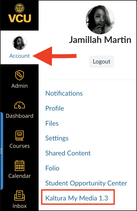 image of the My Media menu in Kaltura